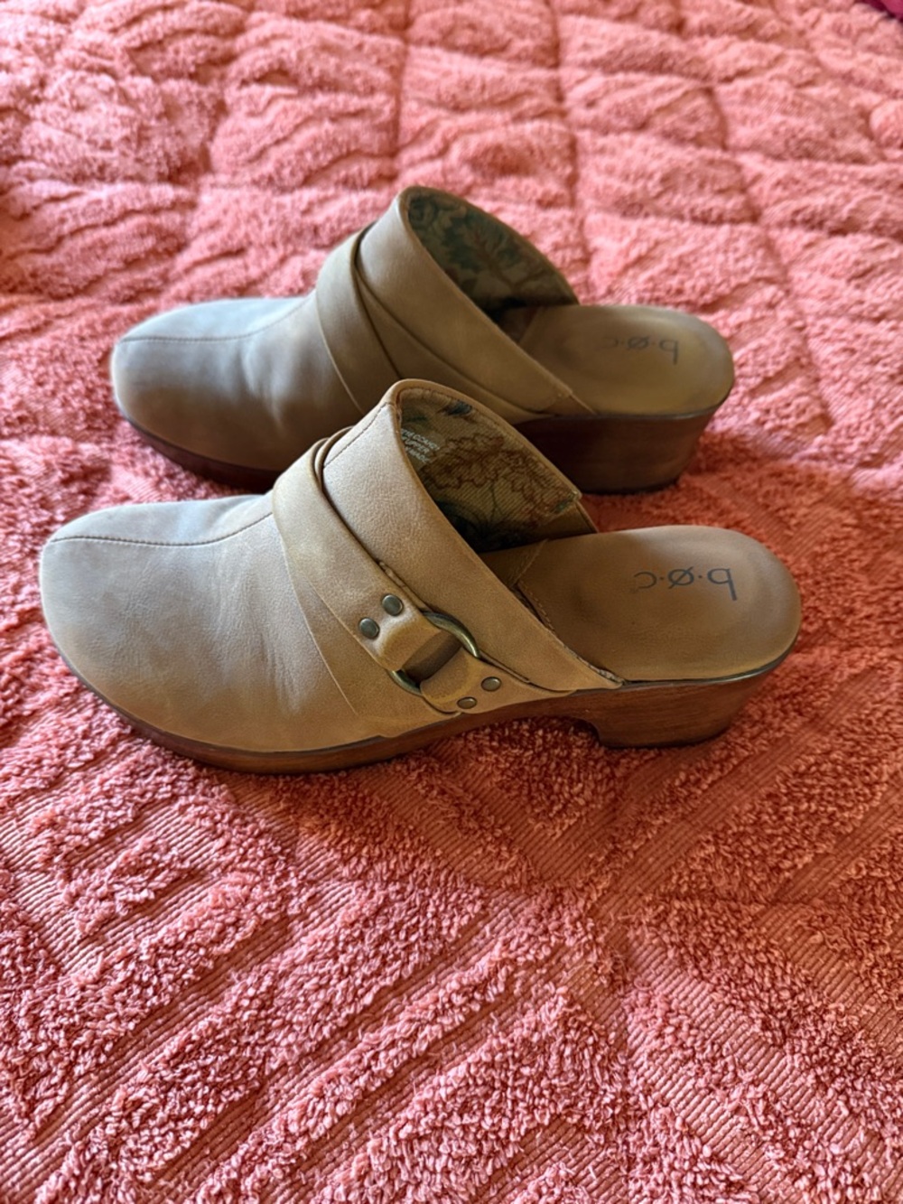 boc Taupe Slip-On Leather Clogs with Buckle Detail